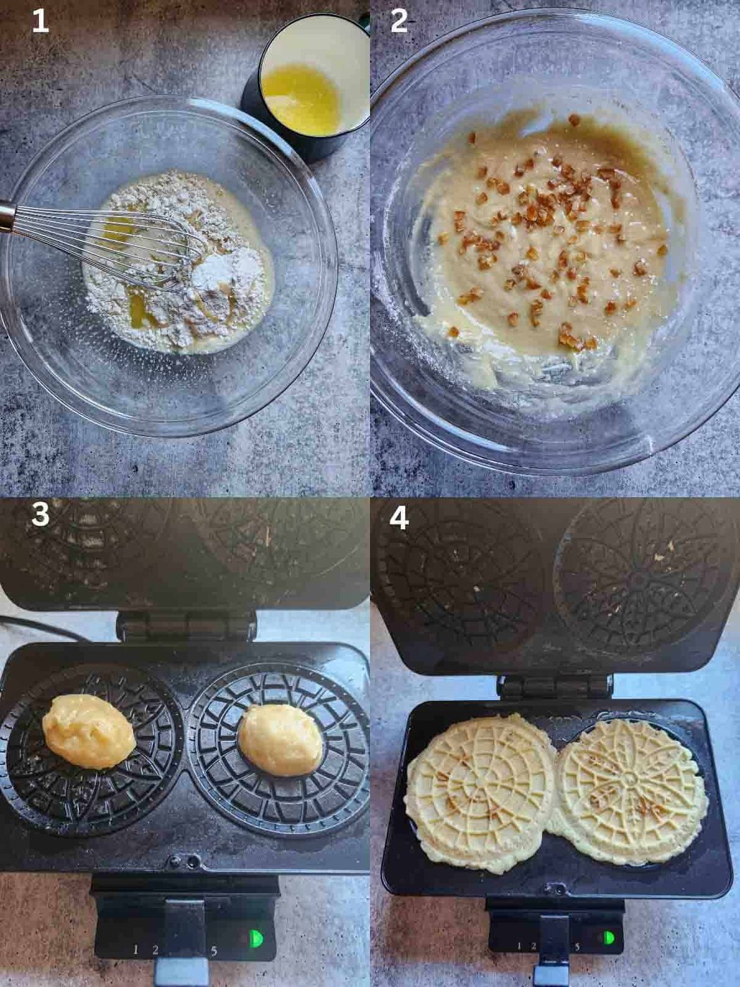 Four-step instructions for pizzelle.