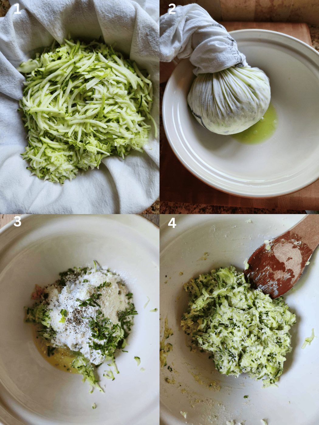 Four steps to making zucchini pancakes.