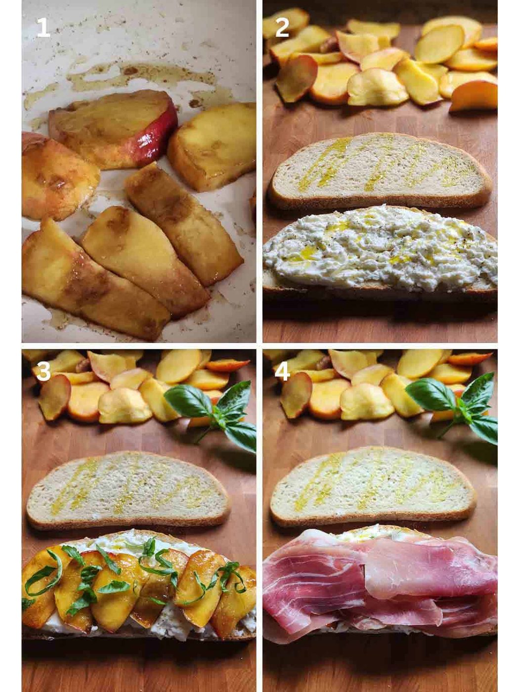 A collage of four images showing how to make a peach panini.