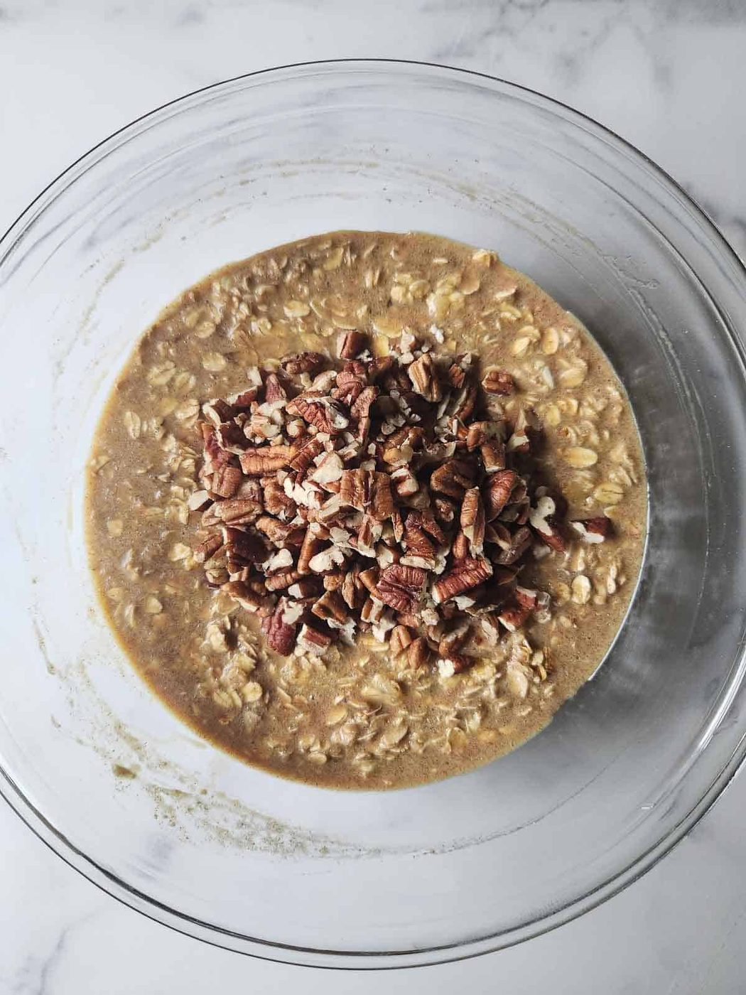 Batter with pecans for pecan oatmeal.