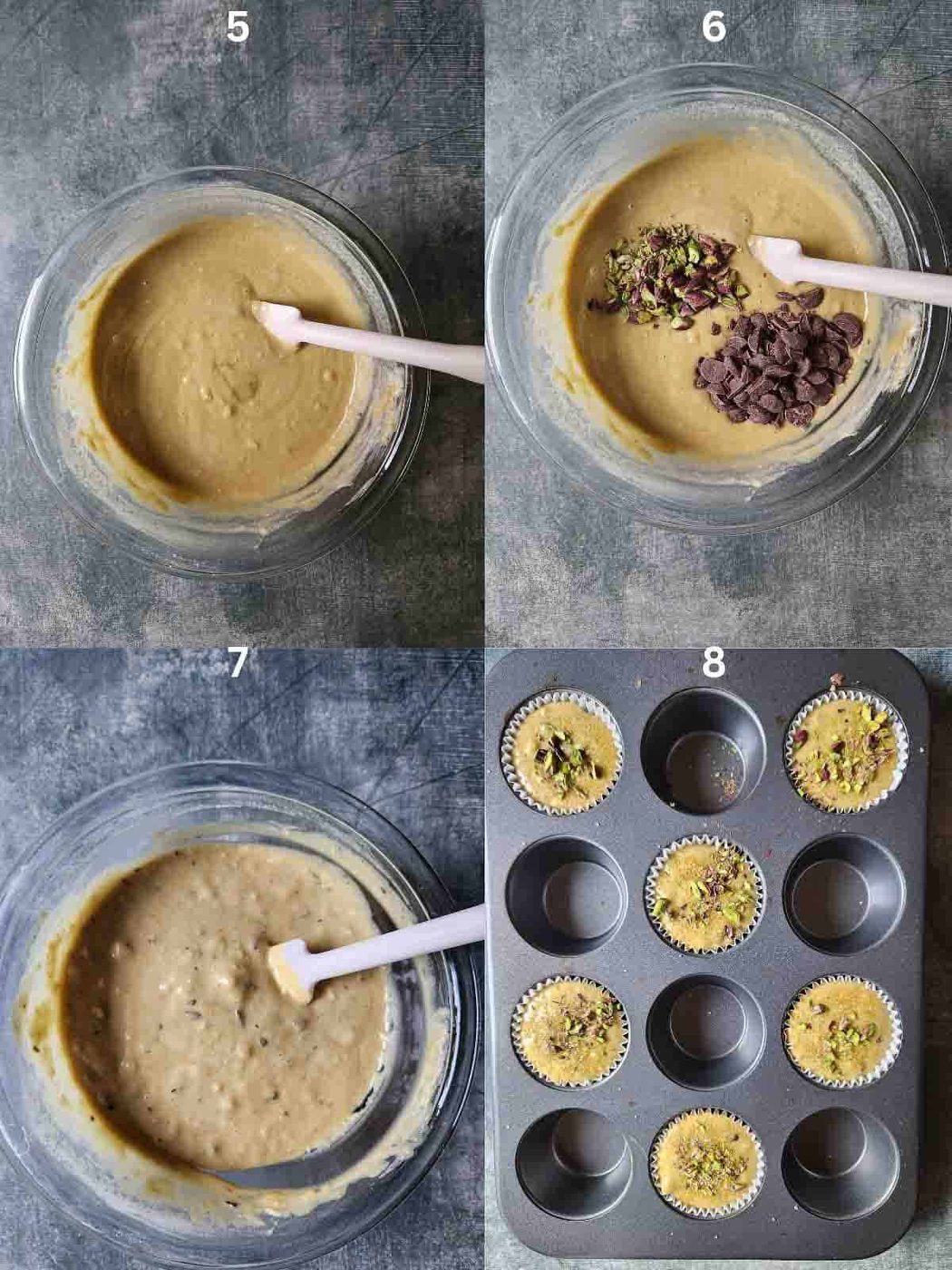 Final four steps for making pistachio muffins.