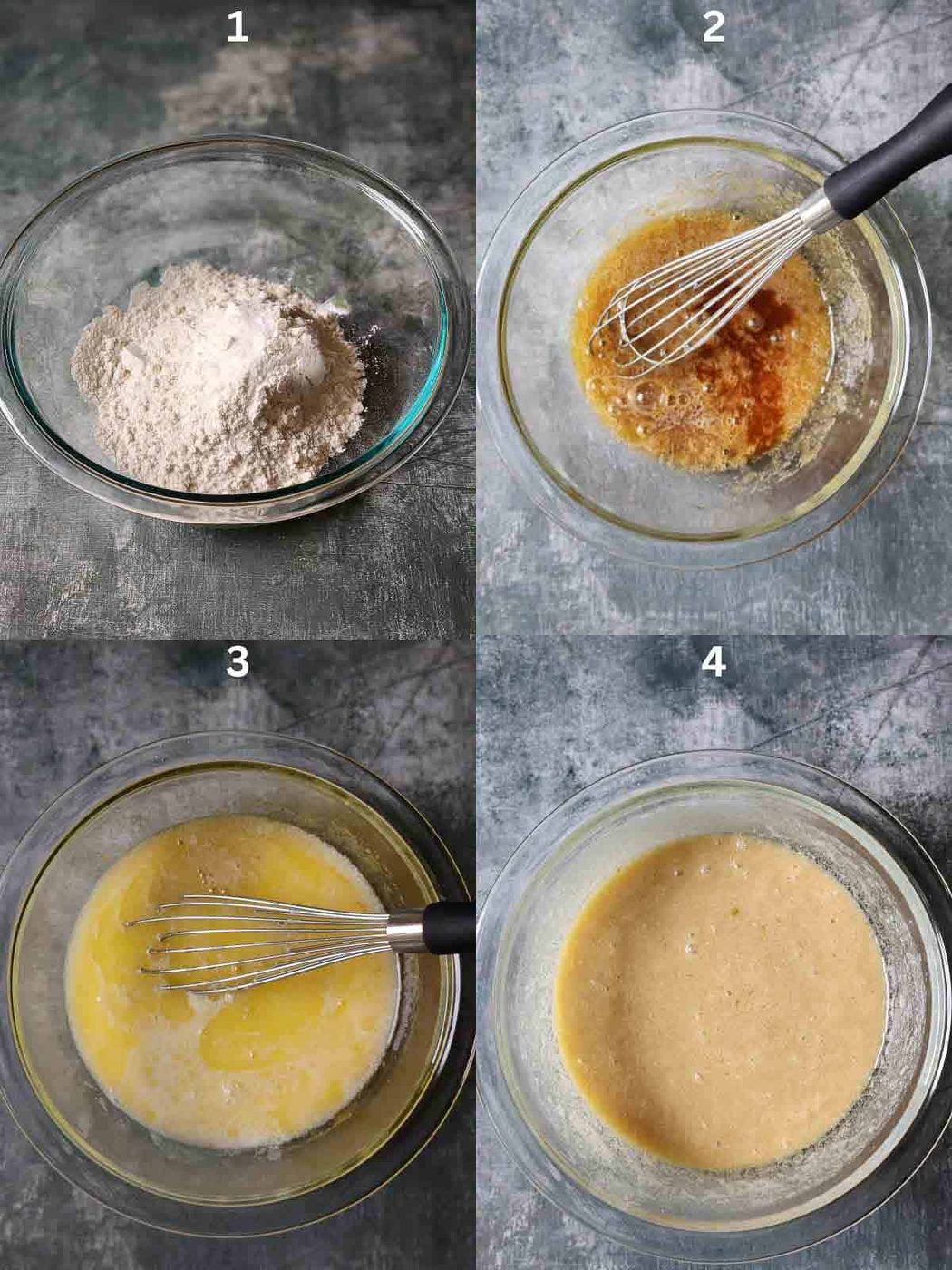 First four steps for making pistachio muffins with ingredients in clear bowls.