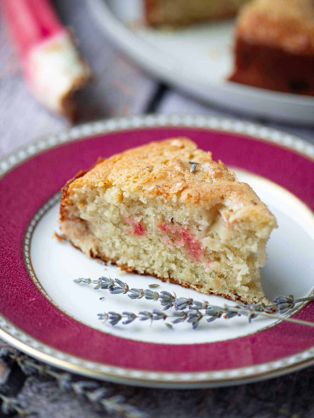 A slice of rhubarb cake on a pink plate.
