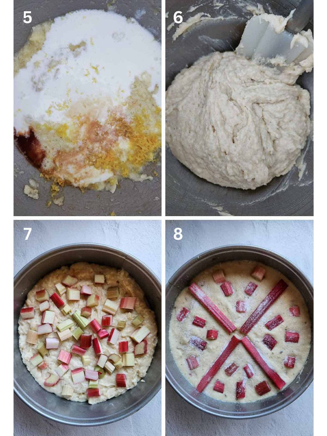 A collage of four images showing how to make rhubarb cake.