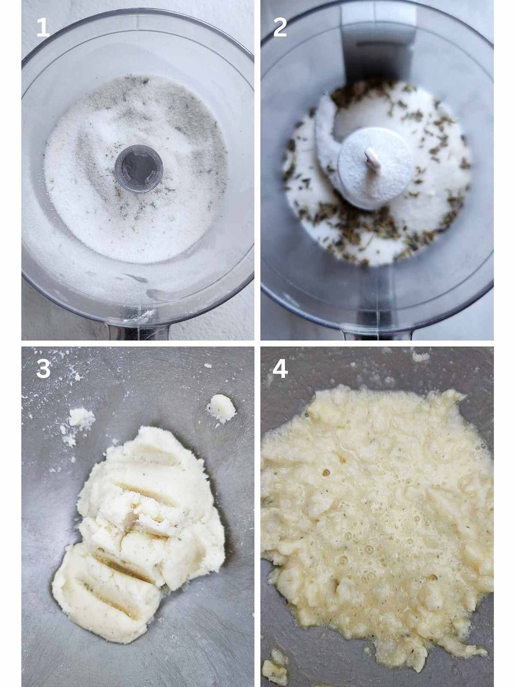 A collage of four images showing how to make cake.