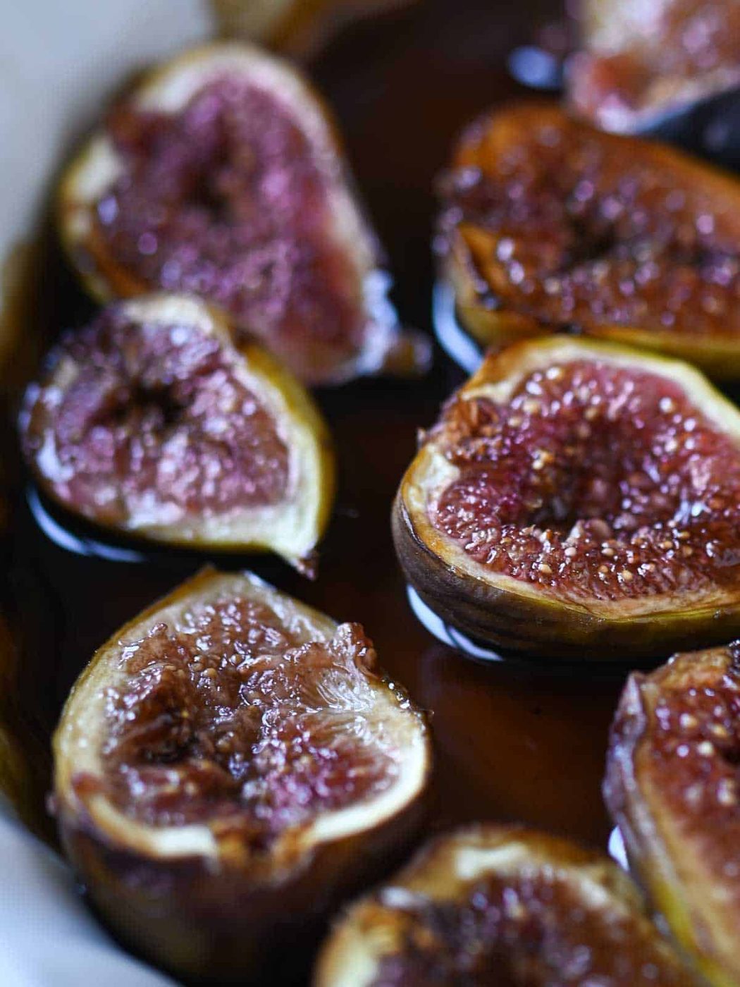 Balsamic roasted figs in a baking dish.