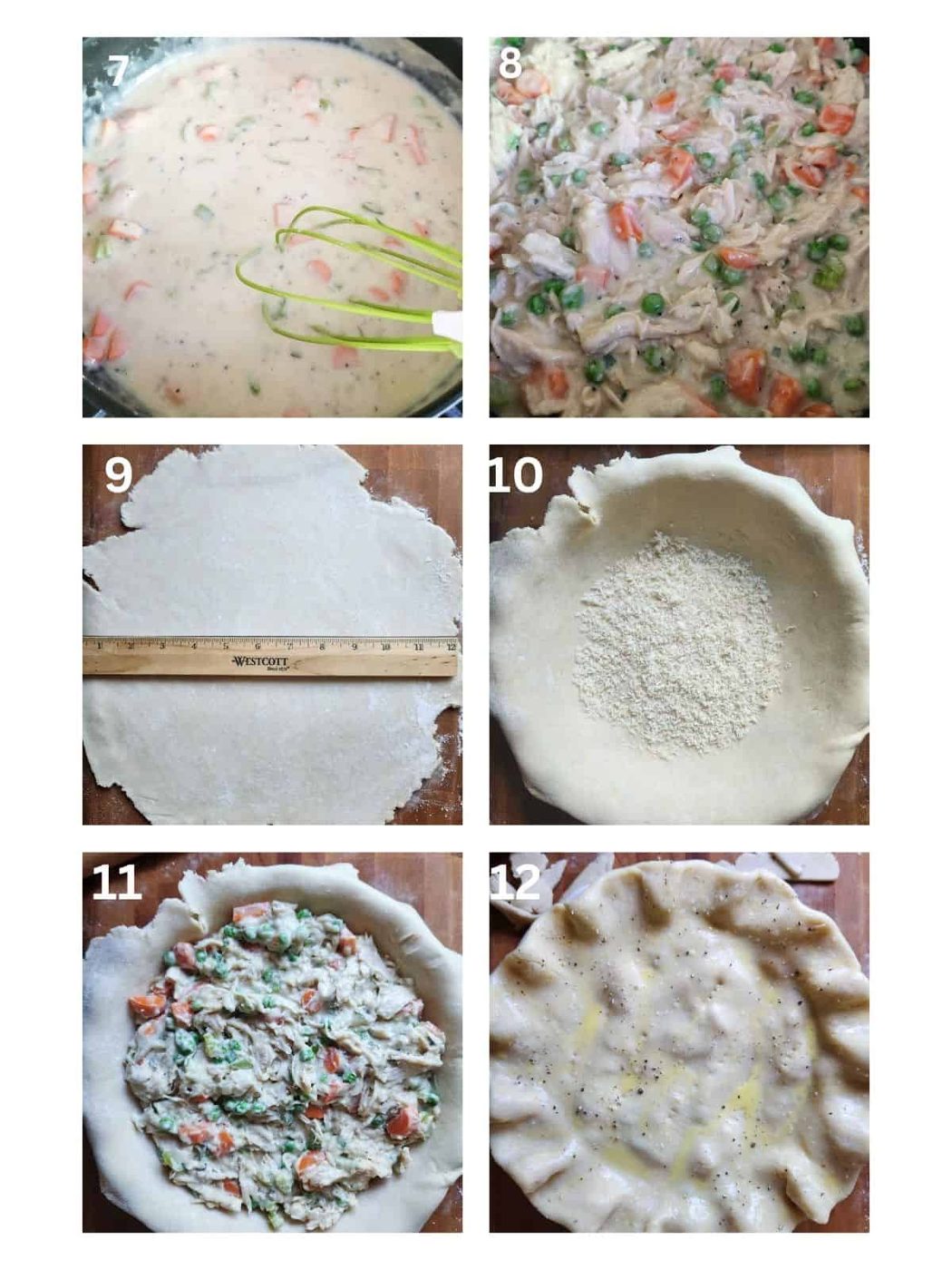 A collage of 6 images showing how to roll out and assemble a chicken pot pie.