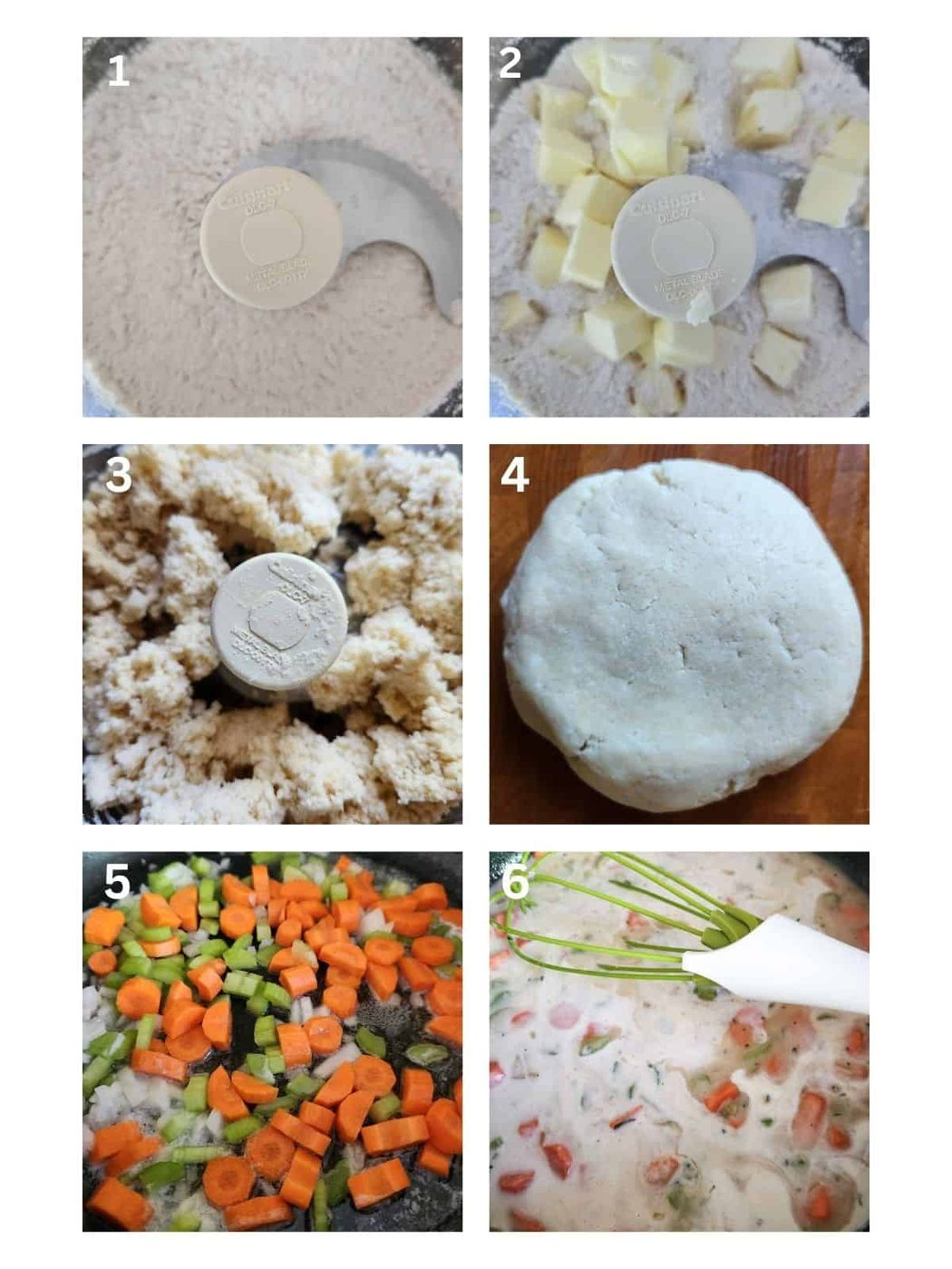 A collage of six images showing how to make dough for chicken pot pie.