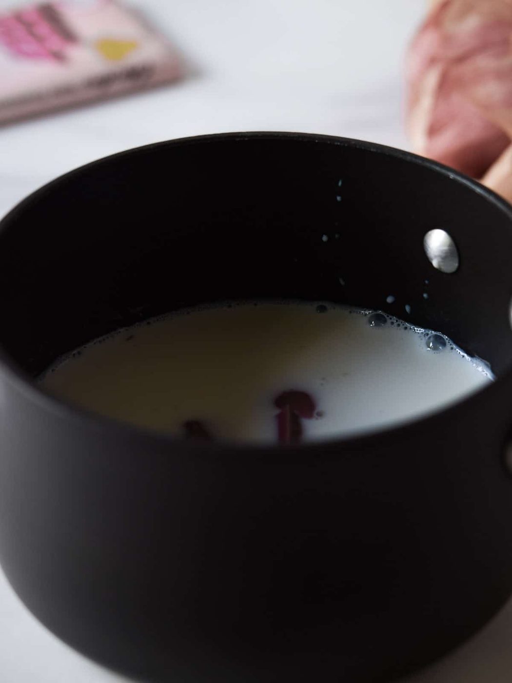 Milk and chocolate in a small sauce pan.