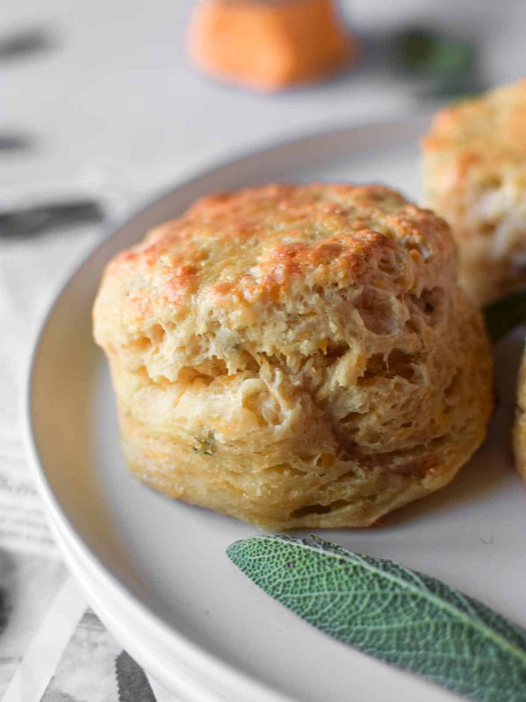 Close-up of a cheddar and sage biscuit on a white plate.