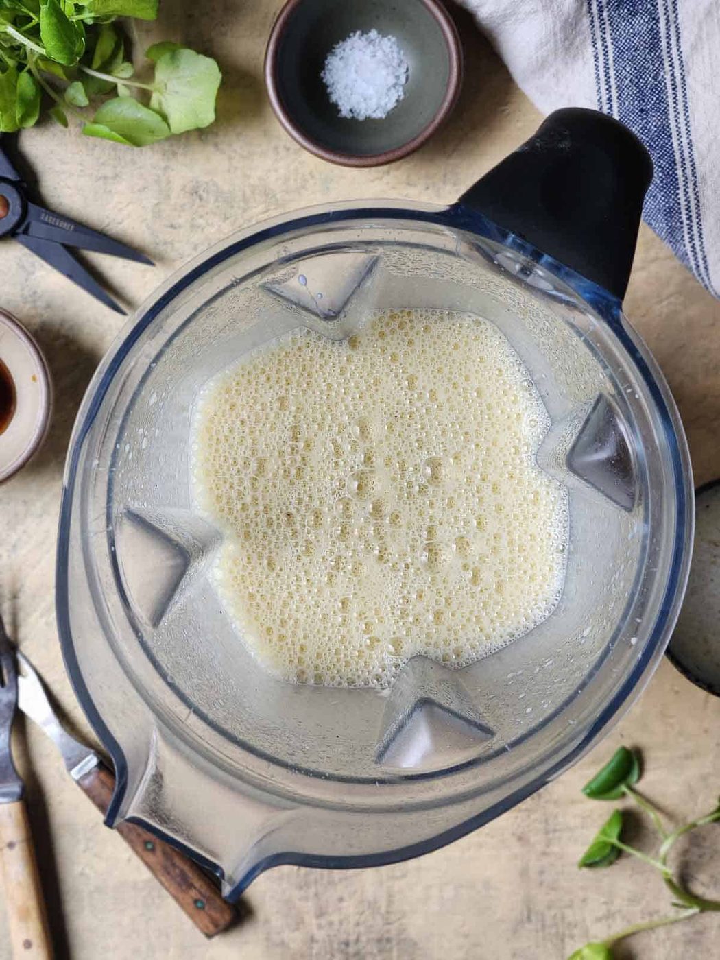 Overhead of Dutch baby batter in a blender.