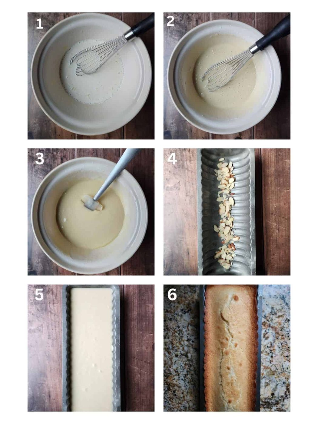 A six picture collage showing how to make an almond cake in one bowl.