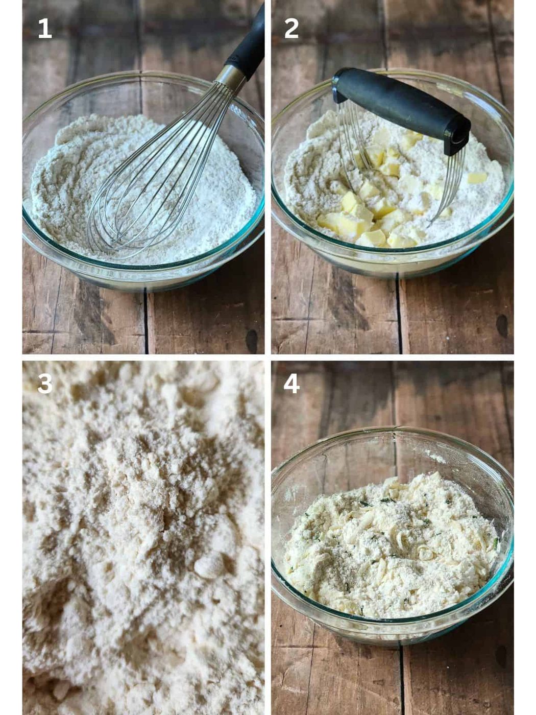 Collage of 4 pictures showing the steps to making scone dough.