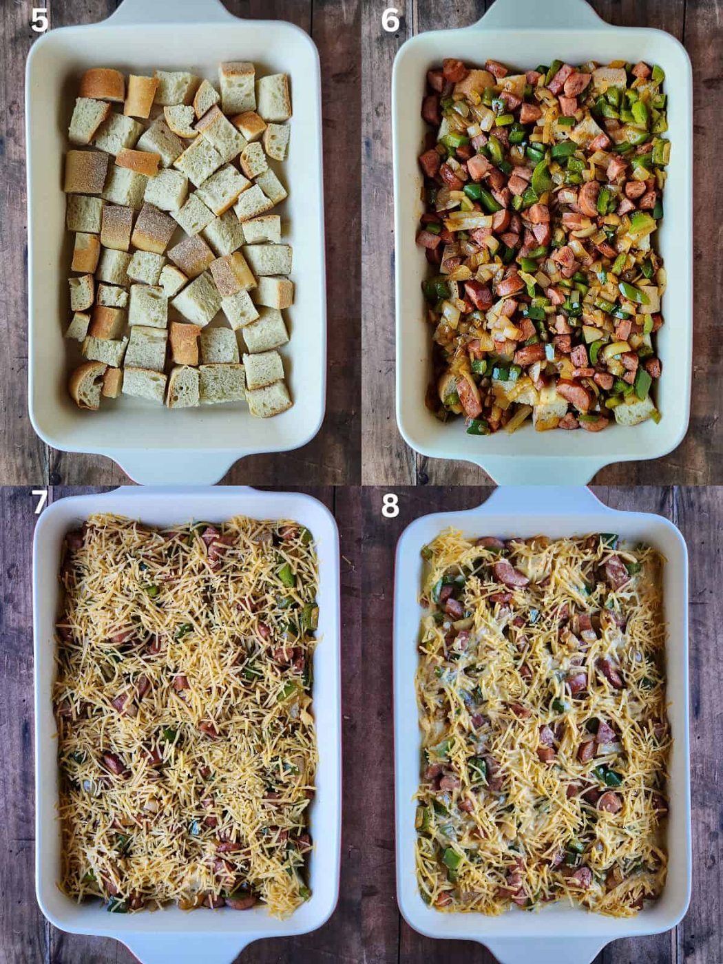 A collage of four overhead pictures showing how to layer a sausage strata.