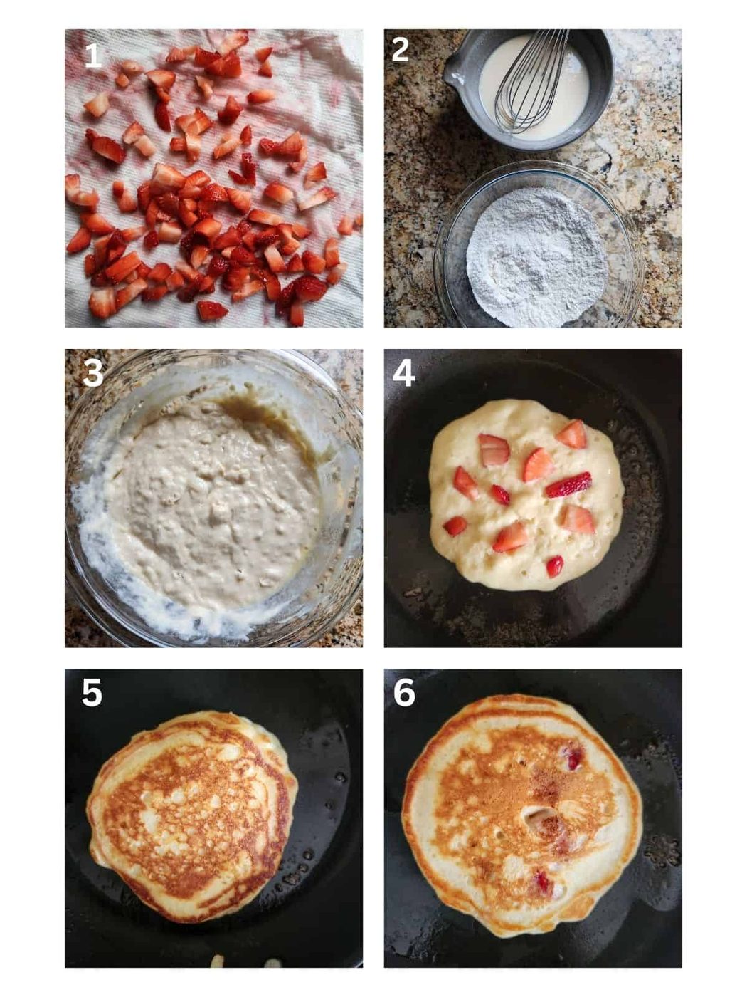 A collage of 6 pictures showing how to mix the batter and cook strawberry kefir pancakes.