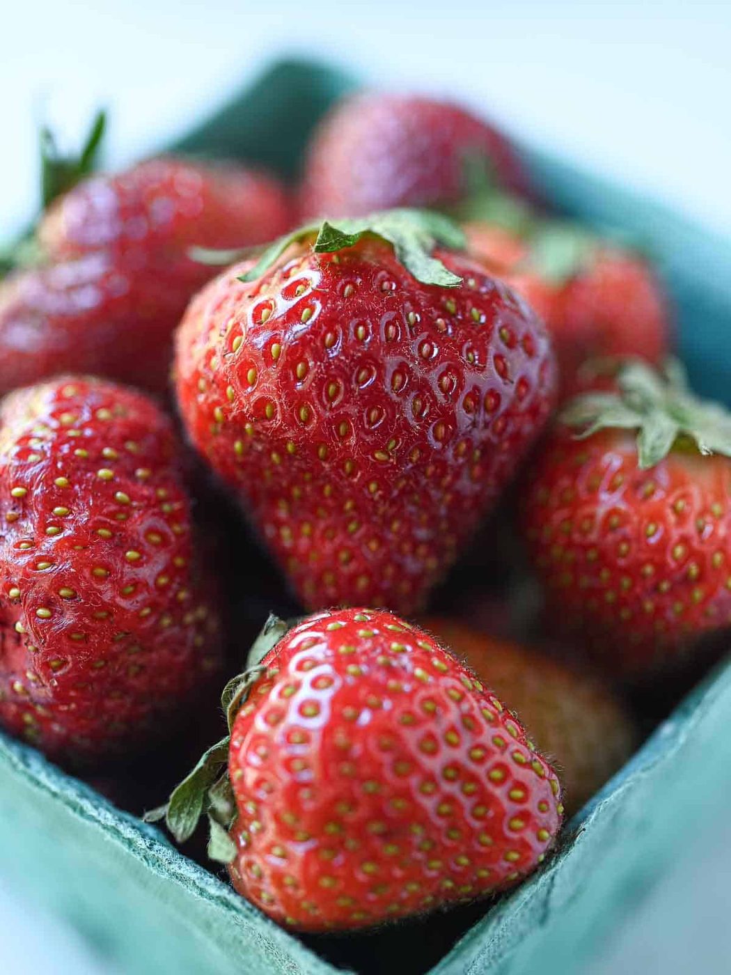 Close-up of a pint of strawberries.