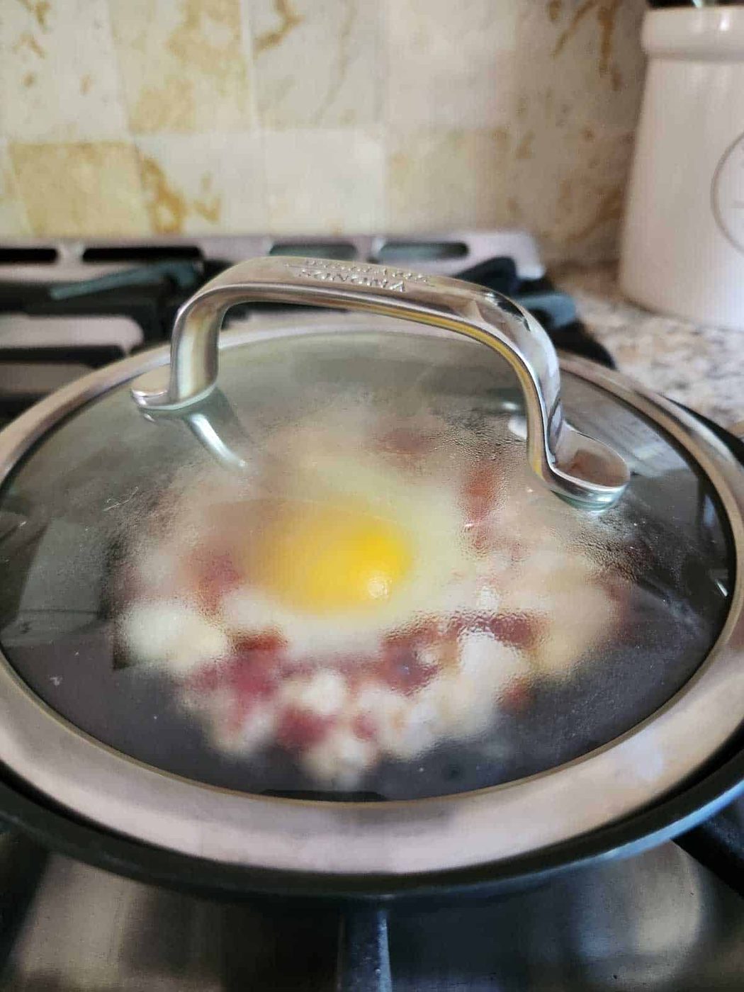 Covered skillet on the stove.