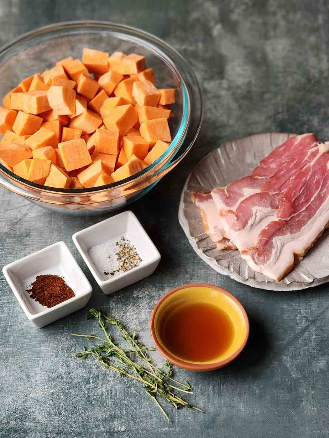 Ingredients for sweet potato bacon hash.