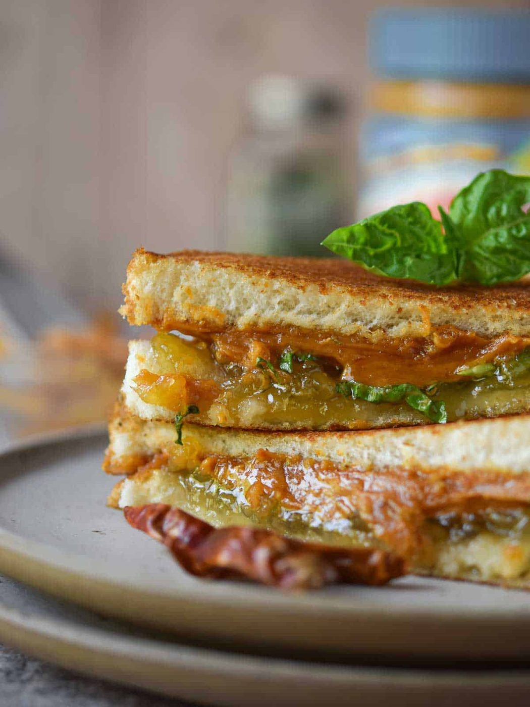 Close-up of Thai-inspired peanut butter and jelly sandwich stacked on top of each other.
