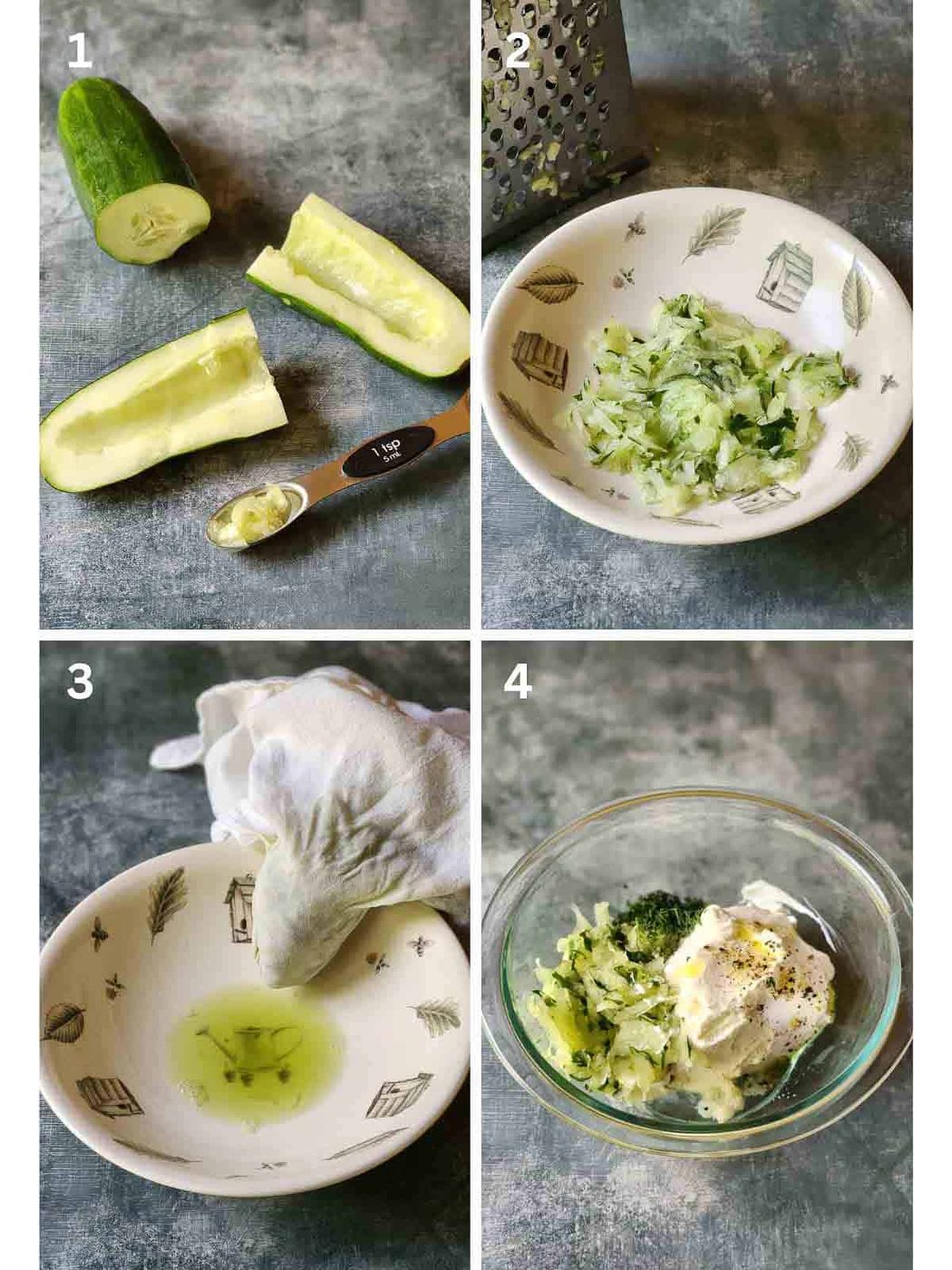 A collage of four images showing how to make tzatziki.