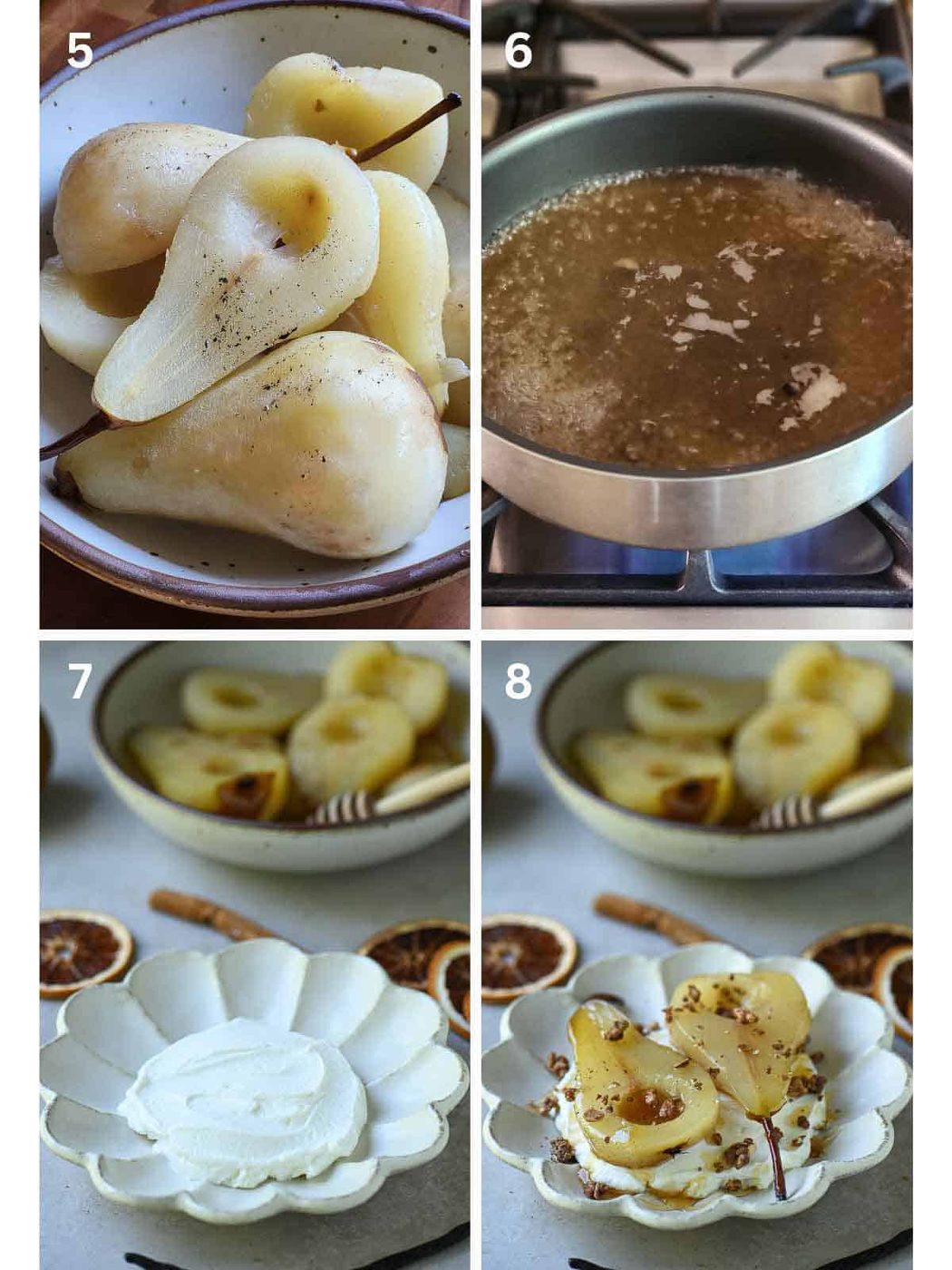 A collage of four images showing how to plate poached pears over yogurt.