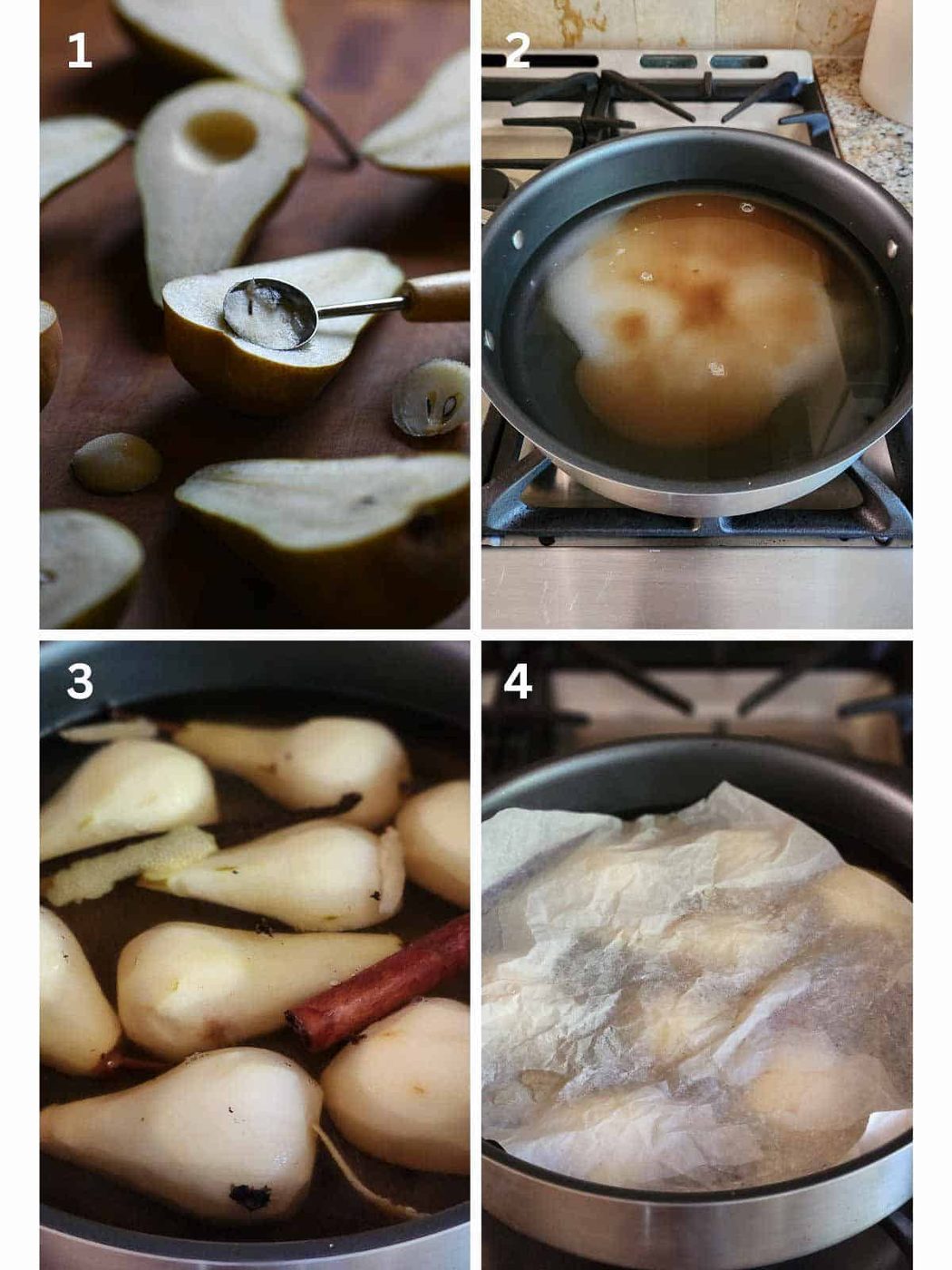 A collage of 4 images showing how to cook poached pears in a skillet.