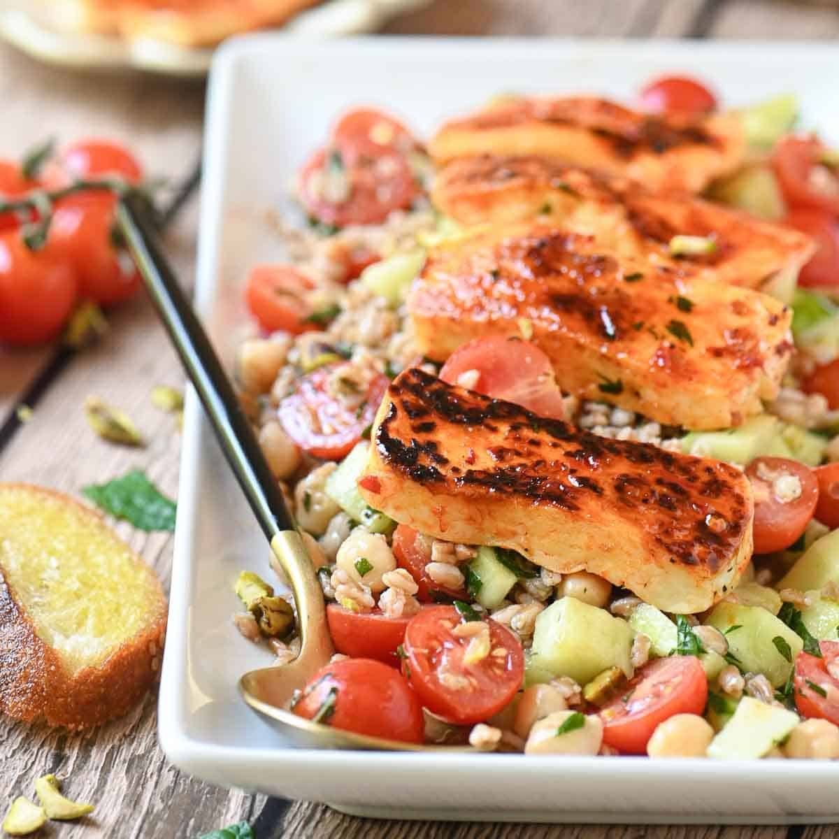 Warm Farro Salad, plus Crispy Harissa Halloumi