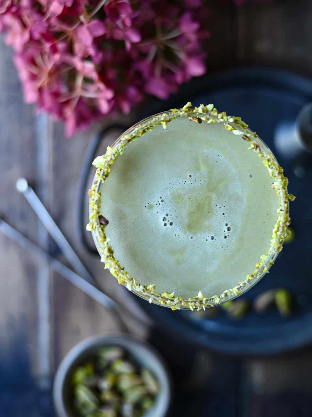 Overhead view of a pistachio martini.