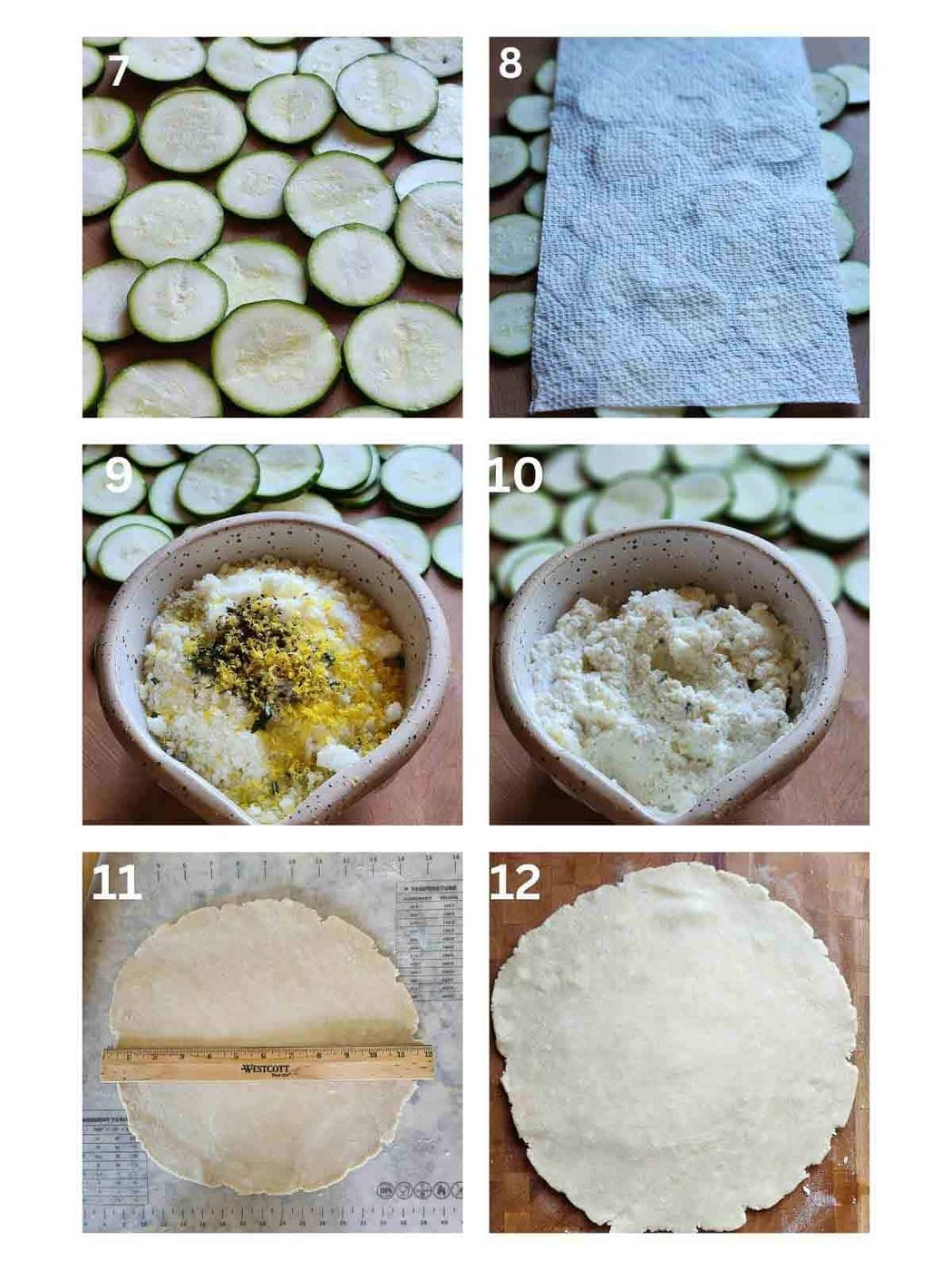 Six steps for making zucchini galette.