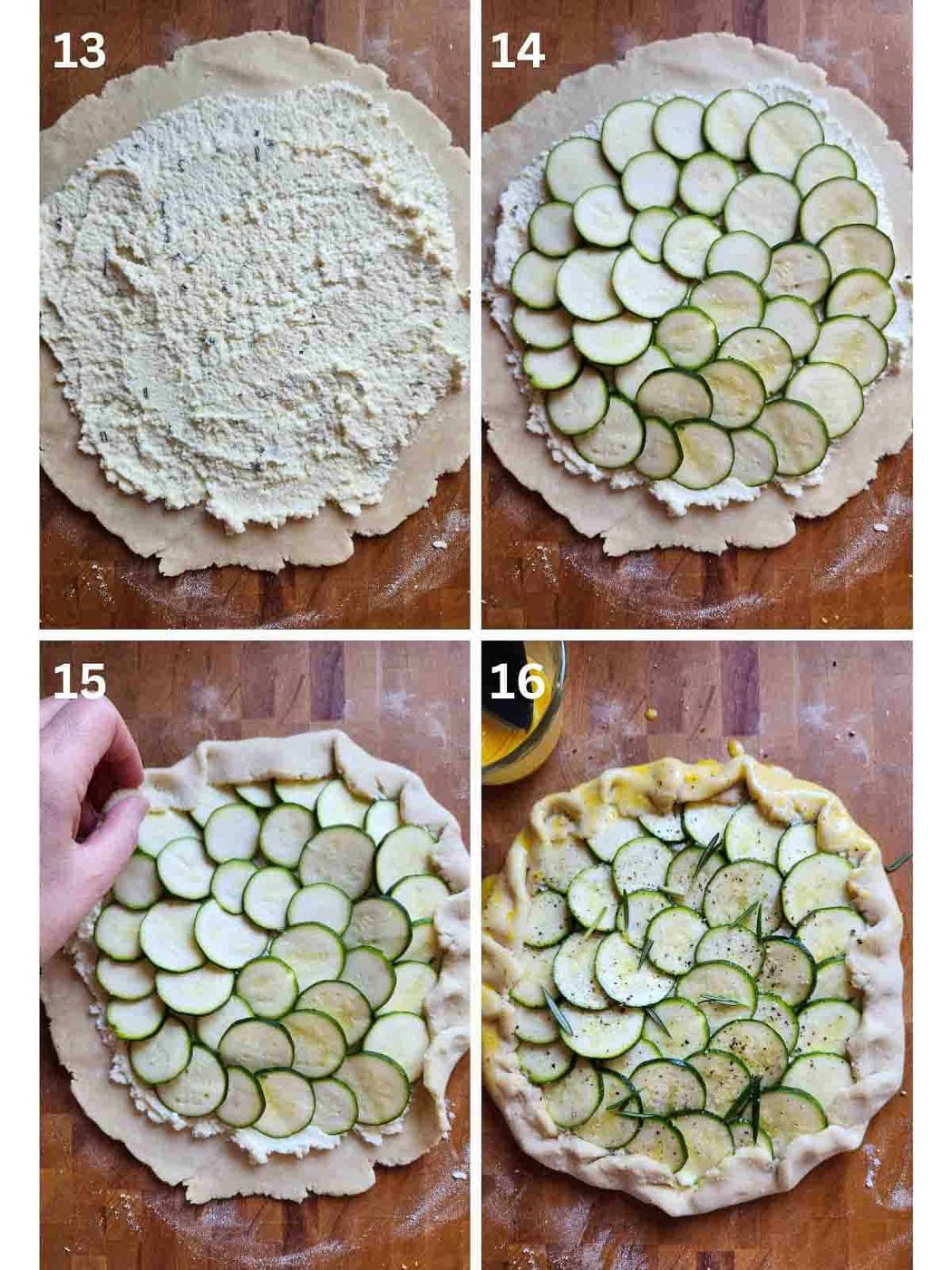 Four steps shown on how to fill and crimp a zucchini galette.