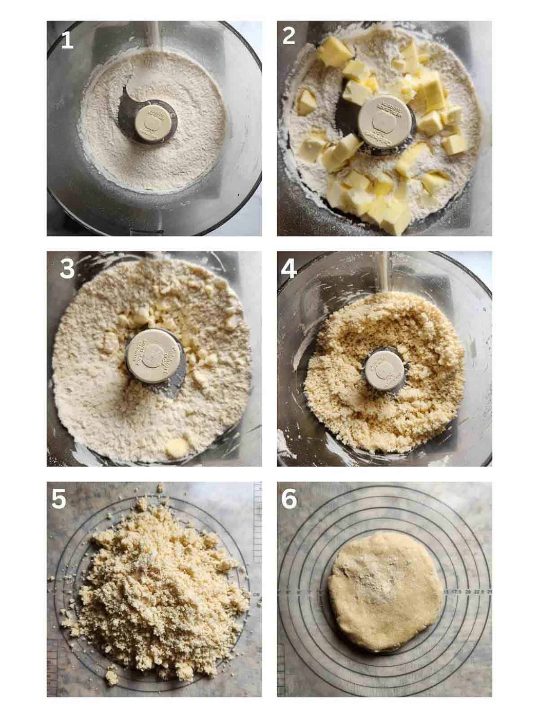 Six steps showing how to make galette dough in a food processor.