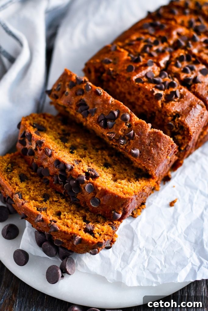 Bake this tender, flavorful pumpkin bread with chocolate chips—simple ingredients, incredible fall flavor!