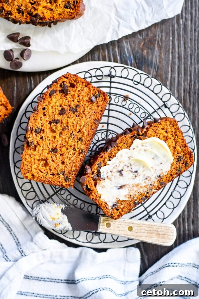 Soft, sweet, and spiced pumpkin bread studded with chocolate chips. This recipe is a fall classic you’ll bake again and again.