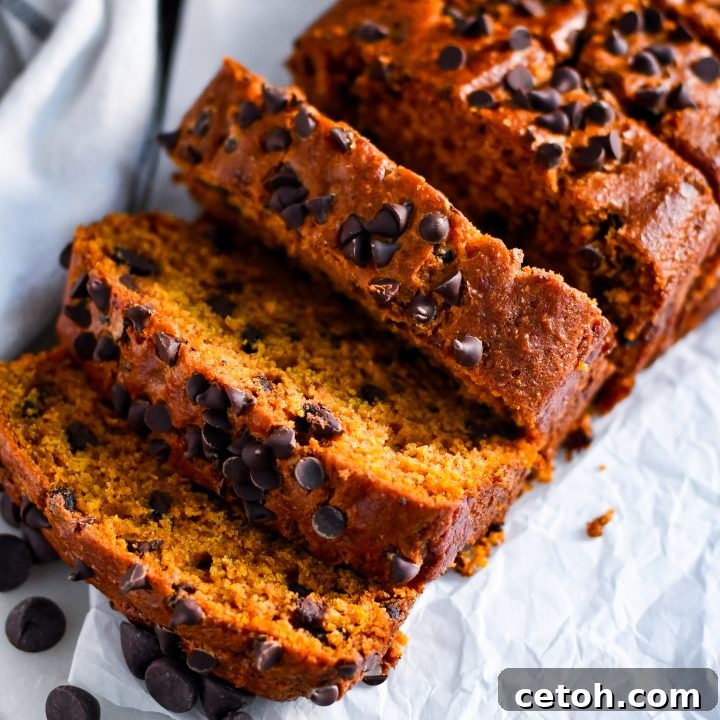 Bake this tender, flavorful pumpkin bread with chocolate chips—simple ingredients, incredible fall flavor!