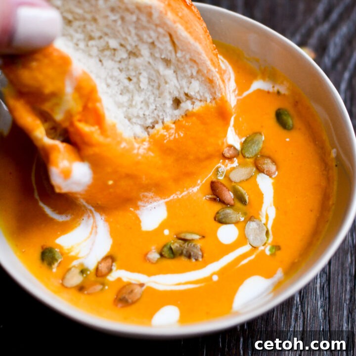 Warm and hearty pumpkin soup in a bowl.
