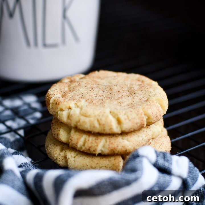 Freshly baked snickerdoodle cookies on a wire rack.
