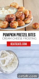 Close-up of perfectly baked pumpkin pretzel bites, generously sprinkled with sea salt, ready to be dipped into the accompanying cream cheese frosting.