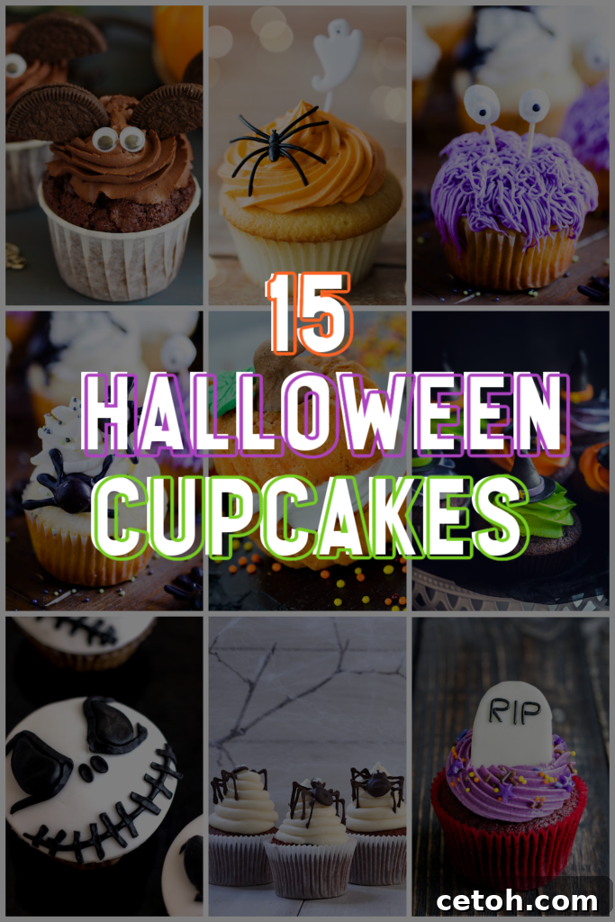 A vibrant display of various Halloween cupcakes, including ghost cupcakes, pumpkin cupcakes, and spider cupcakes, all decorated with colorful frosting and candies. Perfect for Halloween parties.