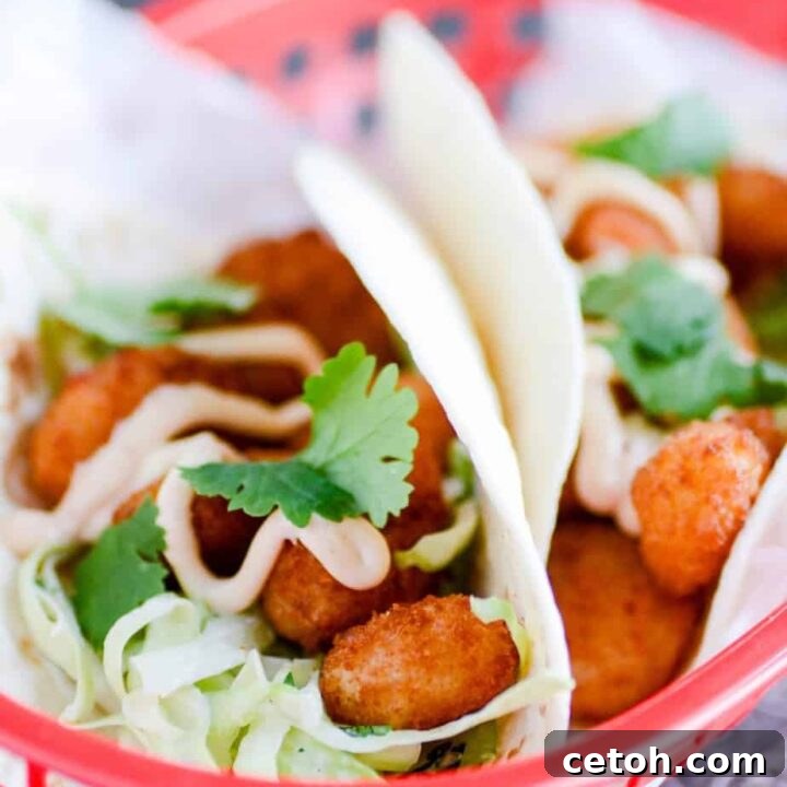 Crispy Shrimp Tacos with Creamy BBQ Sauce and Chili Lime Slaw