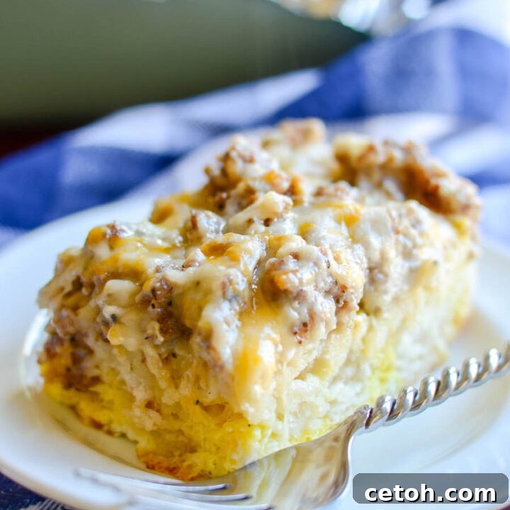 Perfect for breakfast or brunch, this easy dish combines biscuits, sausage, gravy, eggs, and cheddar cheese.