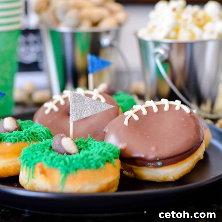 Touchdown Desserts: 15 Effortless Super Bowl Sweets 12 Chocolate iced donuts decorated with white frosting laces to look like footballs, and donuts with green frosting and candy footballs, perfect for game day.