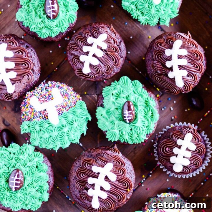 Touchdown Desserts: 15 Effortless Super Bowl Sweets 5 A trio of easy football-themed cupcakes, including designs like green grass and white yard lines, perfect for a game day party.