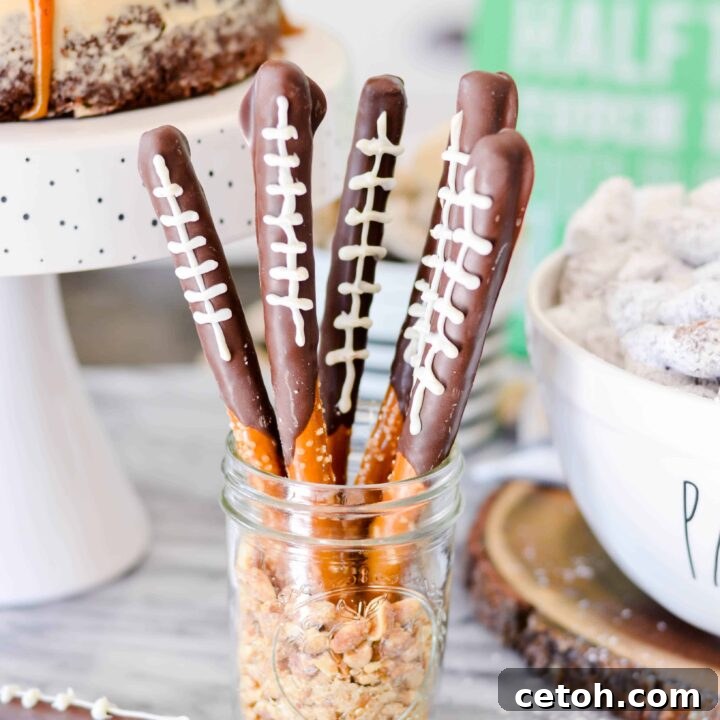 Touchdown Desserts: 15 Effortless Super Bowl Sweets 10 Chocolate-covered pretzel rods decorated with white chocolate laces to resemble mini footballs, a simple and festive Super Bowl treat.