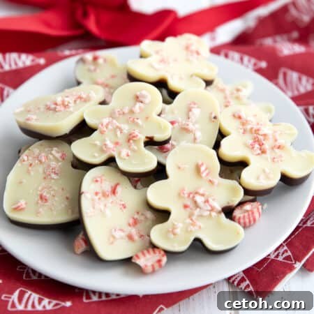 Pieces of peppermint bark in festive holiday shaped on a white plate over a red and white napkin.