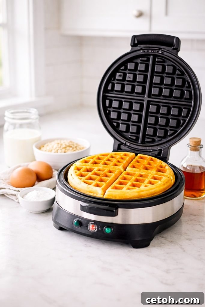 Looking for a healthy waffle recipe? These blender waffles use simple ingredients like old fashioned oats, cottage cheese, and honey for a naturally high-protein breakfast the whole family loves. A close-up of a blender full of the waffle batter.