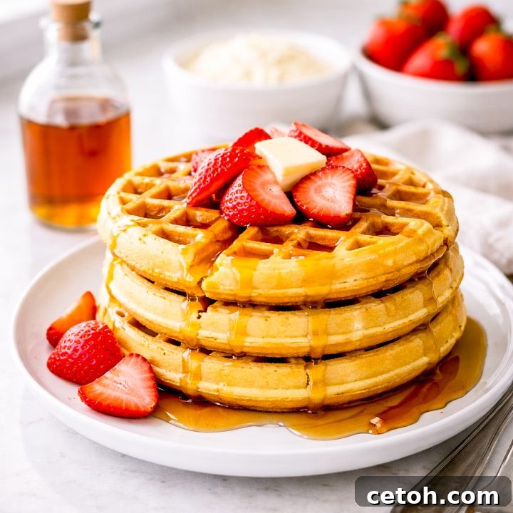 These high protein waffles are made in the blender with oats, eggs, and cottage cheese. A close-up of a stack of waffles with berries.