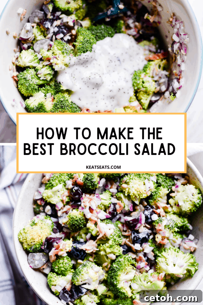 Finished easy broccoli salad with grapes, bacon, and poppyseed dressing in a serving bowl