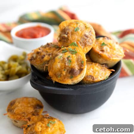 Keto Taco Bites piled up in a black cast iron dish, with two sitting in front.