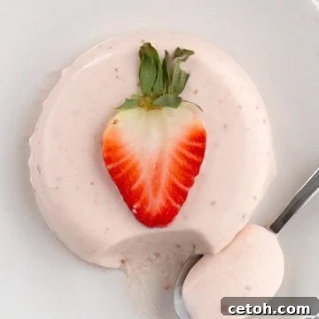 Top down image of Keto Strawberry Panna Cotta with a strawberry on top.