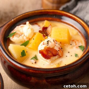 Close up shot of shrimp chowder in a rustic brown bowl.